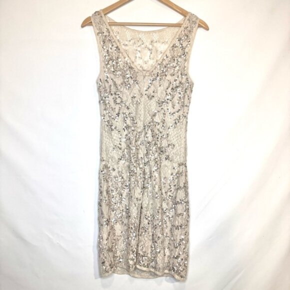 Aidan Mattox Silver Cream Sequin and Lace Neutral Mini Cocktail Dress Size 6 - Picture 13 of 15